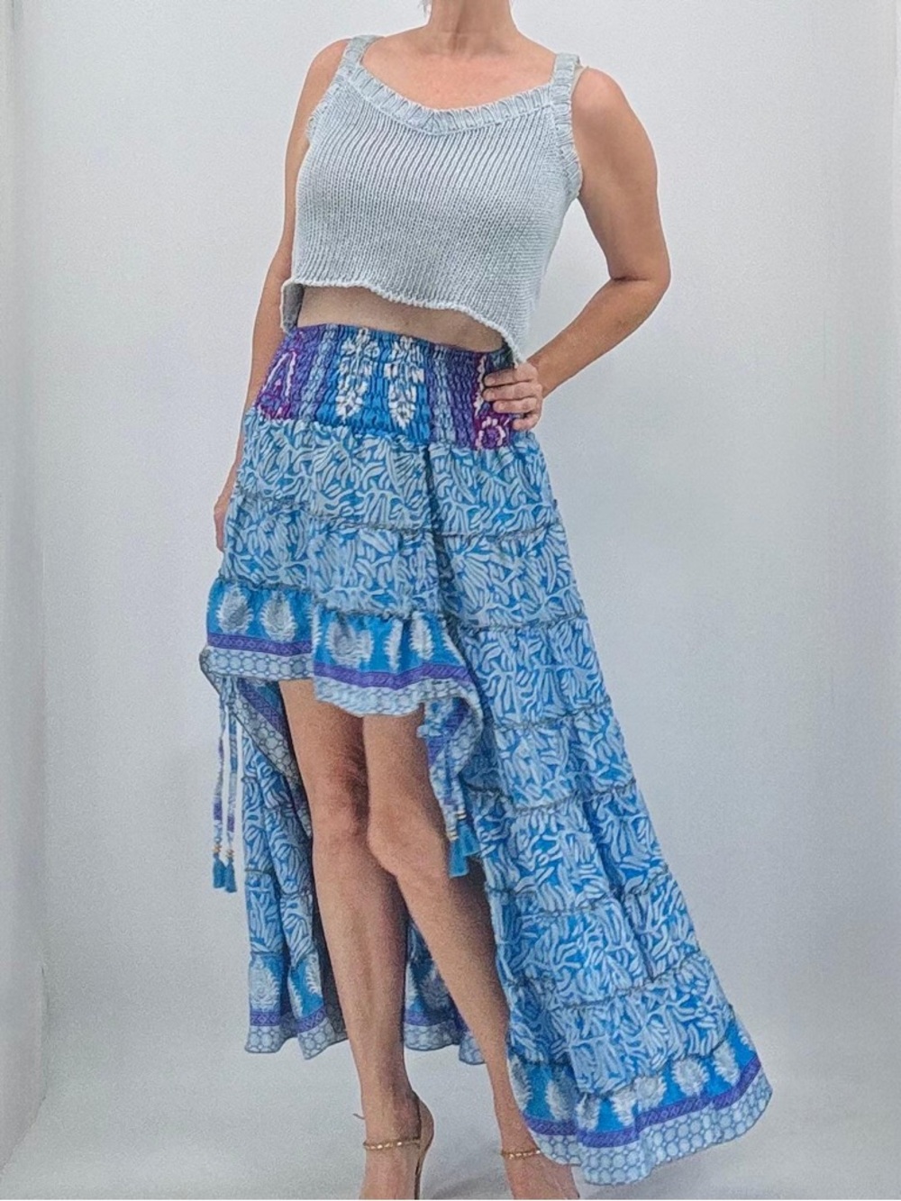 Vintage Y2K Boho Tribal Resortwear Silk Hippie High Low Ruffle Tassel Skirt NWT